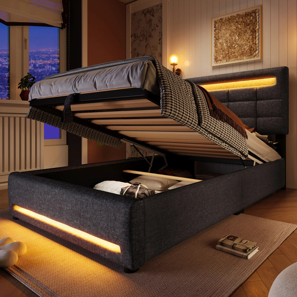 Letto imbottito 90x200 cm in lino grigio con LED APP; vano contenitore idraulico e porta USB