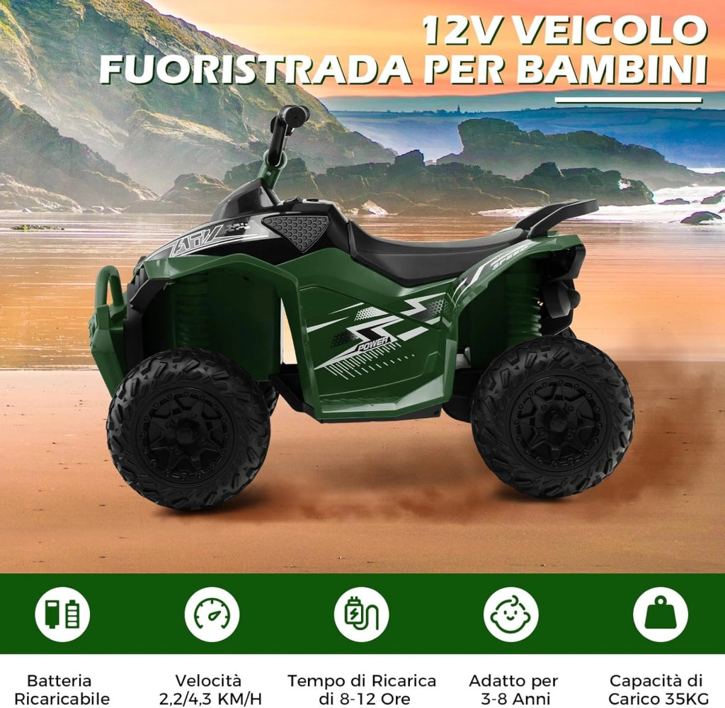 12V Quad Elettrico per Bambini, Macchina Elettrica con Velocità Alta/Bassa, Sedile Comodo Fari Corno e Musica, Auto Elettrica Cavalcabile 2,2/4,3 km/h (Verde)