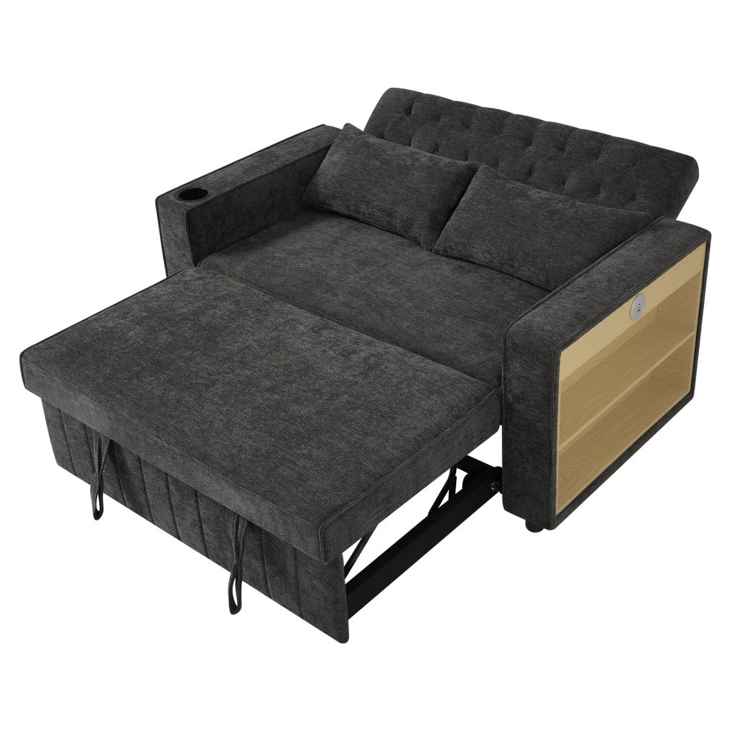 Divano letto 2 posti con funzione letto, USB, portabicchieri e mensola laterale, in Chenille, Grigio