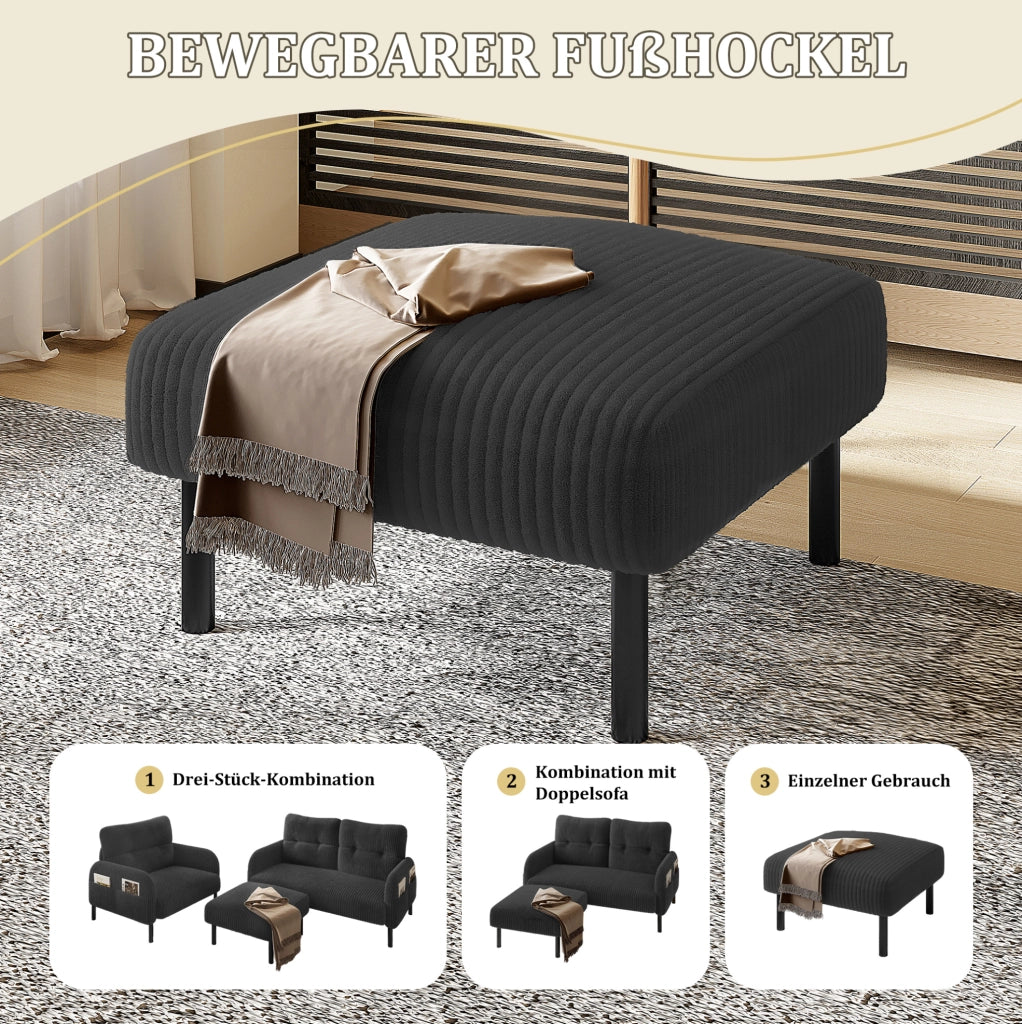 Pouf in corduroy grigio 56 x 51 x 39 cm con struttura in metallo; versatile per soggiorno e camera da letto