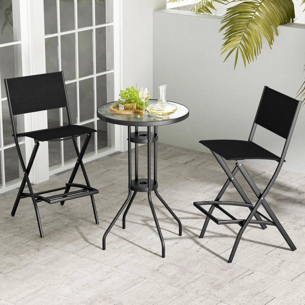 Set di Sgabelli da Bar 2 Pezzi, Sedie Alte e Pieghevoli con Telaio in Metallo e Poggiapiedi, Sedie da Bar per Balcone, Giardino e Piscina (Nero)