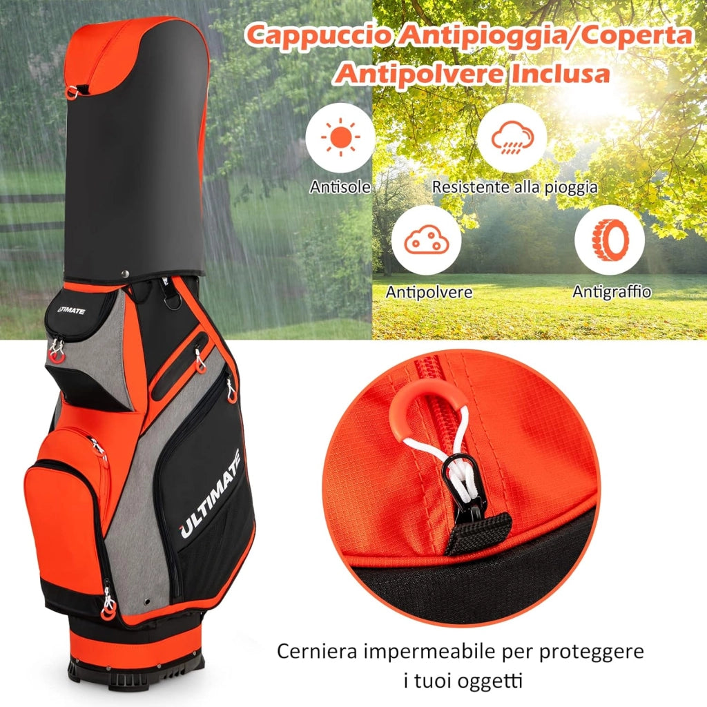 Borsa da Golf Portatile con 14 Divisori Superiori a Tutta Lunghezza, 7 Tasche con Cerniera, Cappuccio Antipioggia, Tracolla, Manico e Portaombrelli, Ideale per Uomini e Donne (Rosso e Grigio)