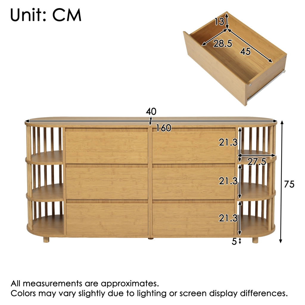 Comò Sideboard 160 cm in MDF e bambù; 6 cassetti; colore Rovere