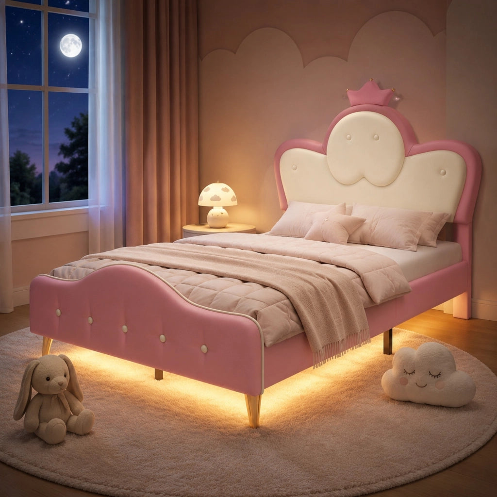 DESMIU Letto per bambini 1 posto con LED e bordi imbottiti 90 × 200 cm, senza materasso, in PU, rosa e bianco