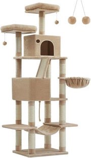 Gigante di scala per gatti - Albero di gatto 206 cm alto - Krabpaal XXL con 13 krabbe coniche - 2 piattaforme - 2 grotte - sedia a sospensione - palline in piuma - camel brown - 206cm