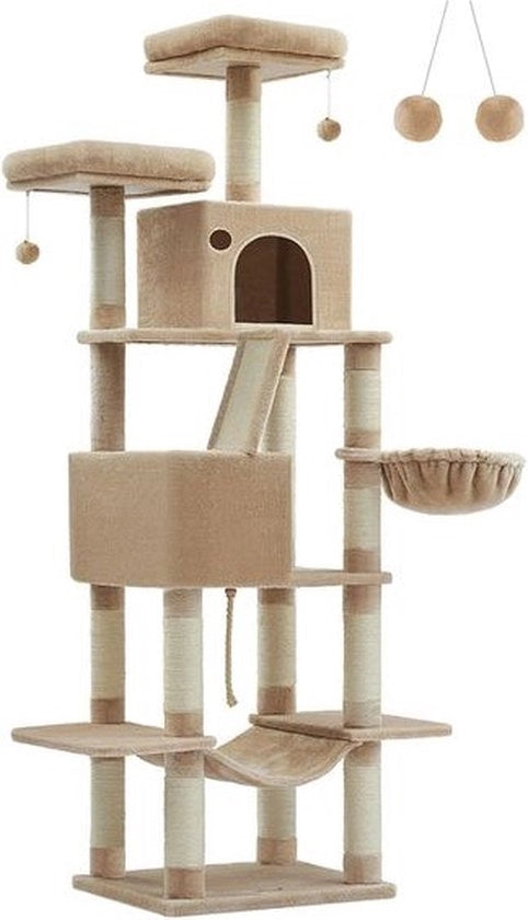 Gigante di scala per gatti - Albero di gatto 206 cm alto - Krabpaal XXL con 13 krabbe coniche - 2 piattaforme - 2 grotte - sedia a sospensione - palline in piuma - camel brown - 206cm