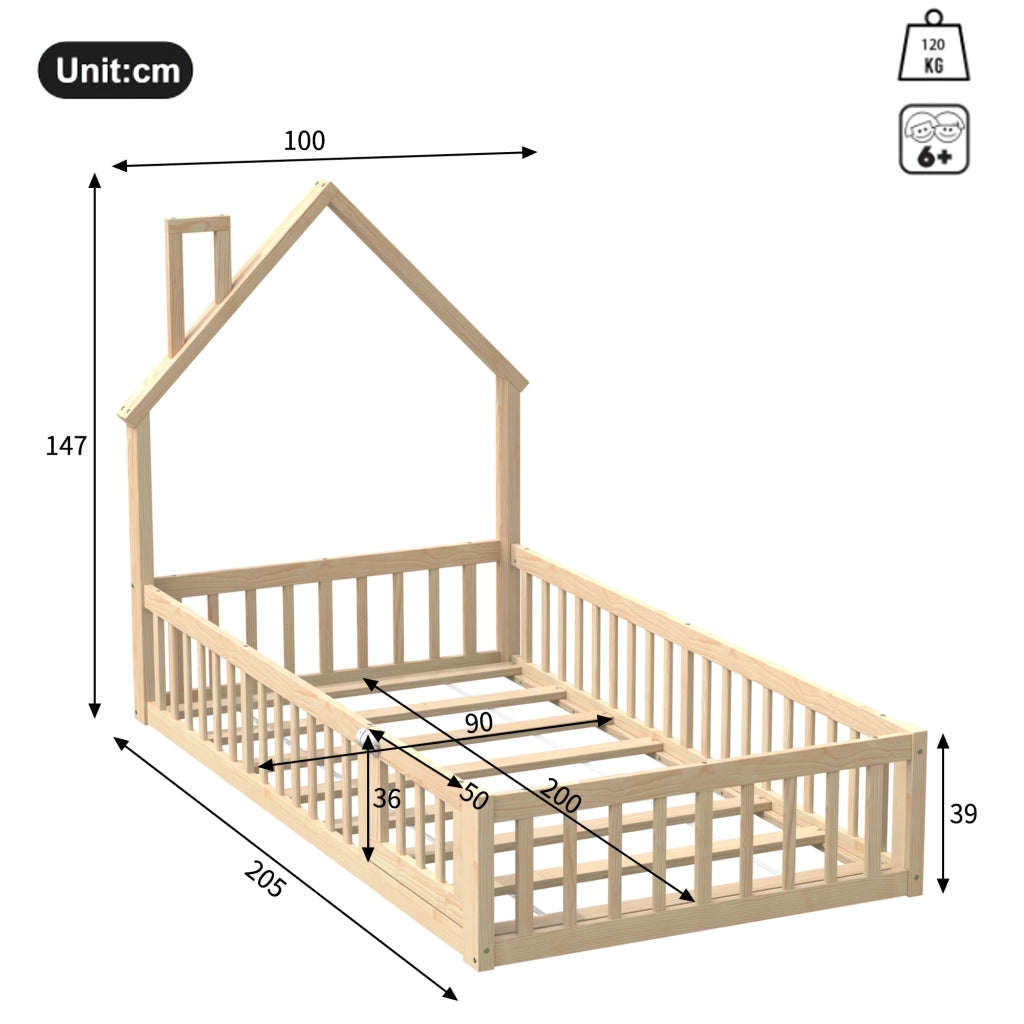 DESMIU Letto per bambini 1 posto con barriera di sicurezza e design a camino, 90 × 200 cm, senza materasso