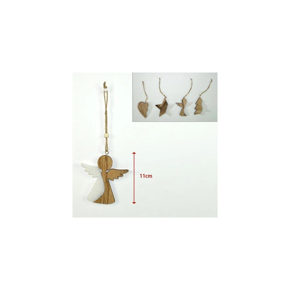 Trade Shop - 4 Appendini Natale In Legno Ovatta Forma Stella Albero Angelo Cuore 11cm Bianco -
