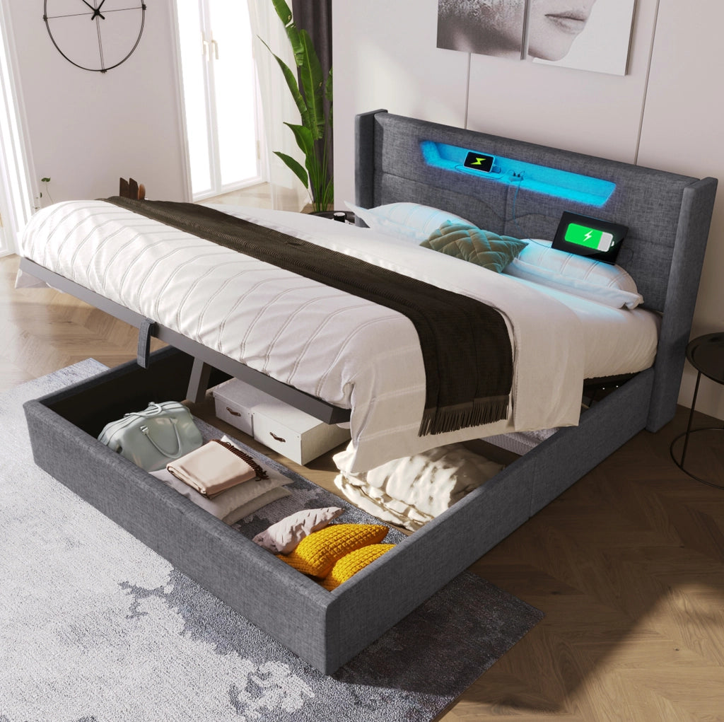 Letto matrimoniale LED con porta USB e Type-C; contenitore 160x200 cm; grigio