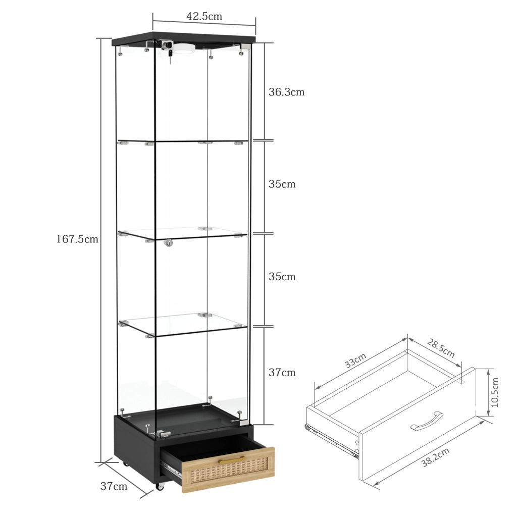 Vetrina con 1 anta; 4 ripiani; cassetti e LED - per soggiorno - 42.5×36.5×167 cm - nero