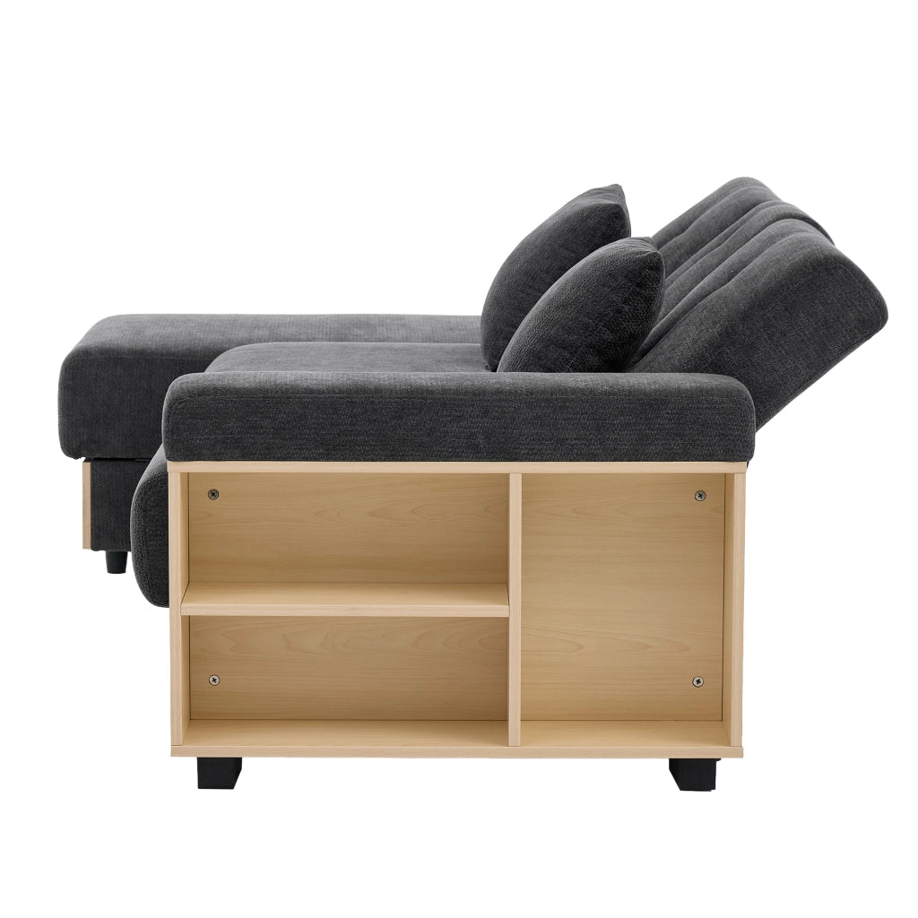 Divano in Chenille grigio con contenitore, schienale reclinabile 3 posizioni, 2 cassetti, portabicchieri e struttura in MDF, 217 cm.
