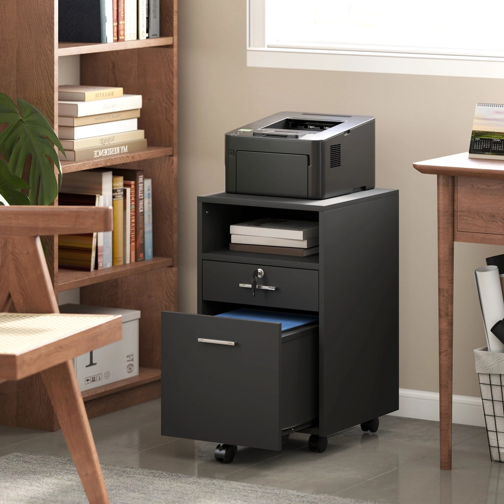 Cassettiera da Ufficio in Legno con 2 Cassetti e Ripiano ¨C ZephMum ¨C 39x40x65 cm, Nero