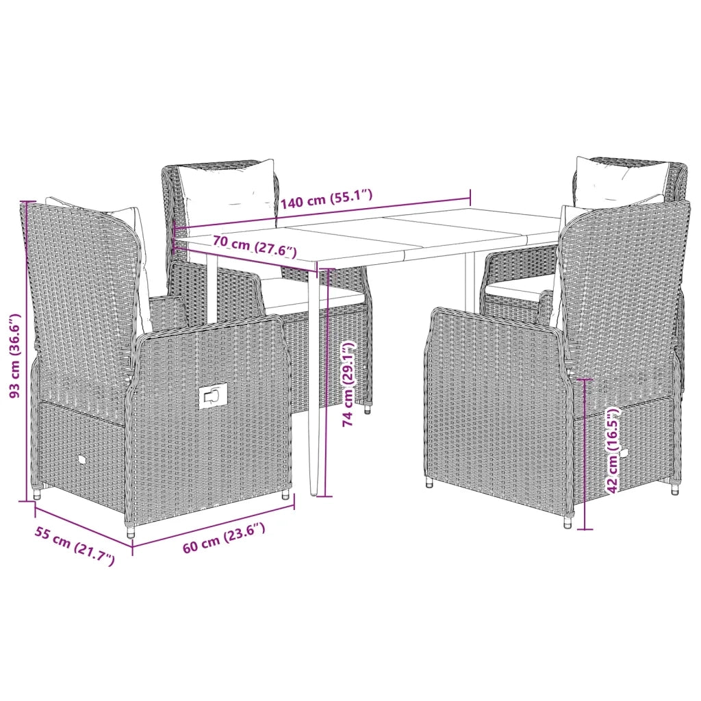 Set Pranzo da Giardino 5pz con Cuscini Grigio Chiaro Polyrattan
