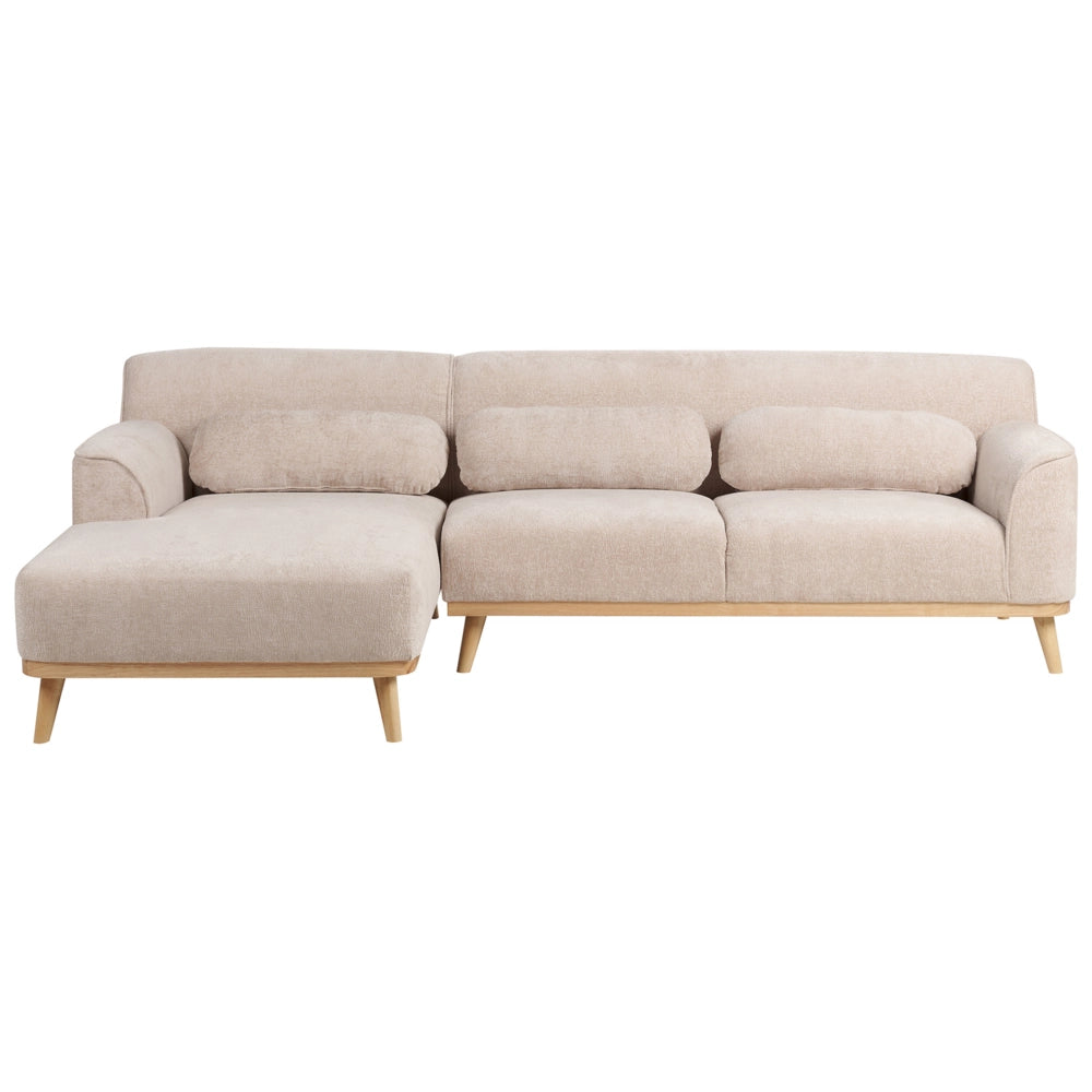 Divano angolare 3 posti destro imbottito in ciniglia beige con funzione di dormiente e schienale imbottito estraibile Gambe in legno