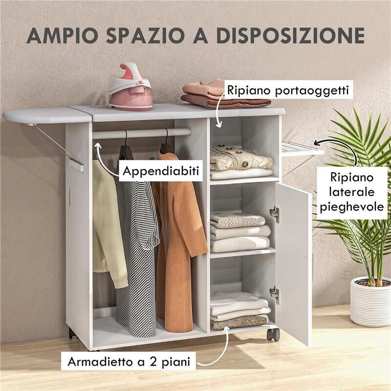 MOBILE ASSE DA STIRO CON PIANO D'APPOGGIO, 3 RIPIANI A CUBO E GUIDA, 107X42.5X99CM, BIANCO