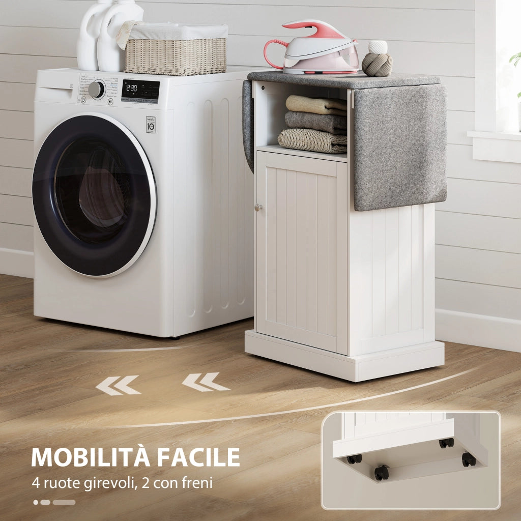 Mobile Asse da Stiro Pieghevole 121x37x89 cm a Rotelle con Ripiano Aperto e Armadietto in MDF Bianco e Grigio