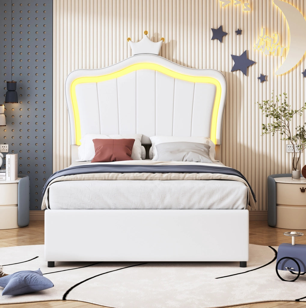 Letto imbottito bambini 90x200 cm LED contenitore bianco