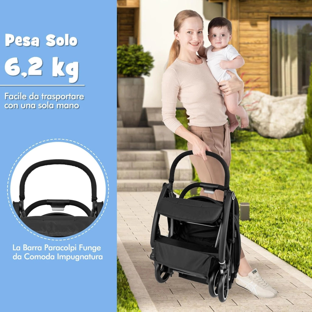 Passeggino Leggero per Bambini, Passeggino Pieghevole con Schienale Regolabile, Tettuccio, Cintura di Sicurezza a 5 Punti, Cestello Portaoggetti, per Bambini 0-36 Mesi (Nero)