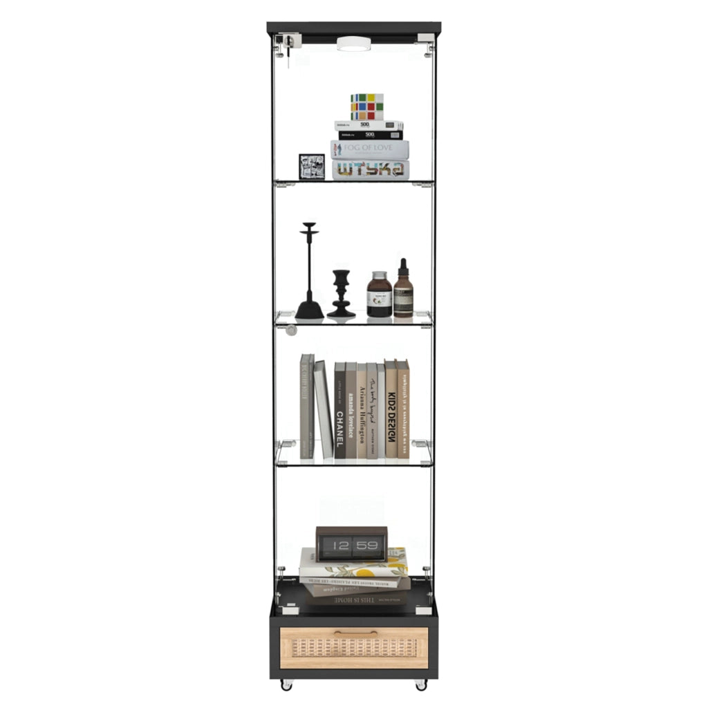 Libreria Vetrina con Cassetti e LED ¨C MINIMAL ¨C Nero, Vetro Temperato, 1 Anta, 167x42.5x36.5 cm
