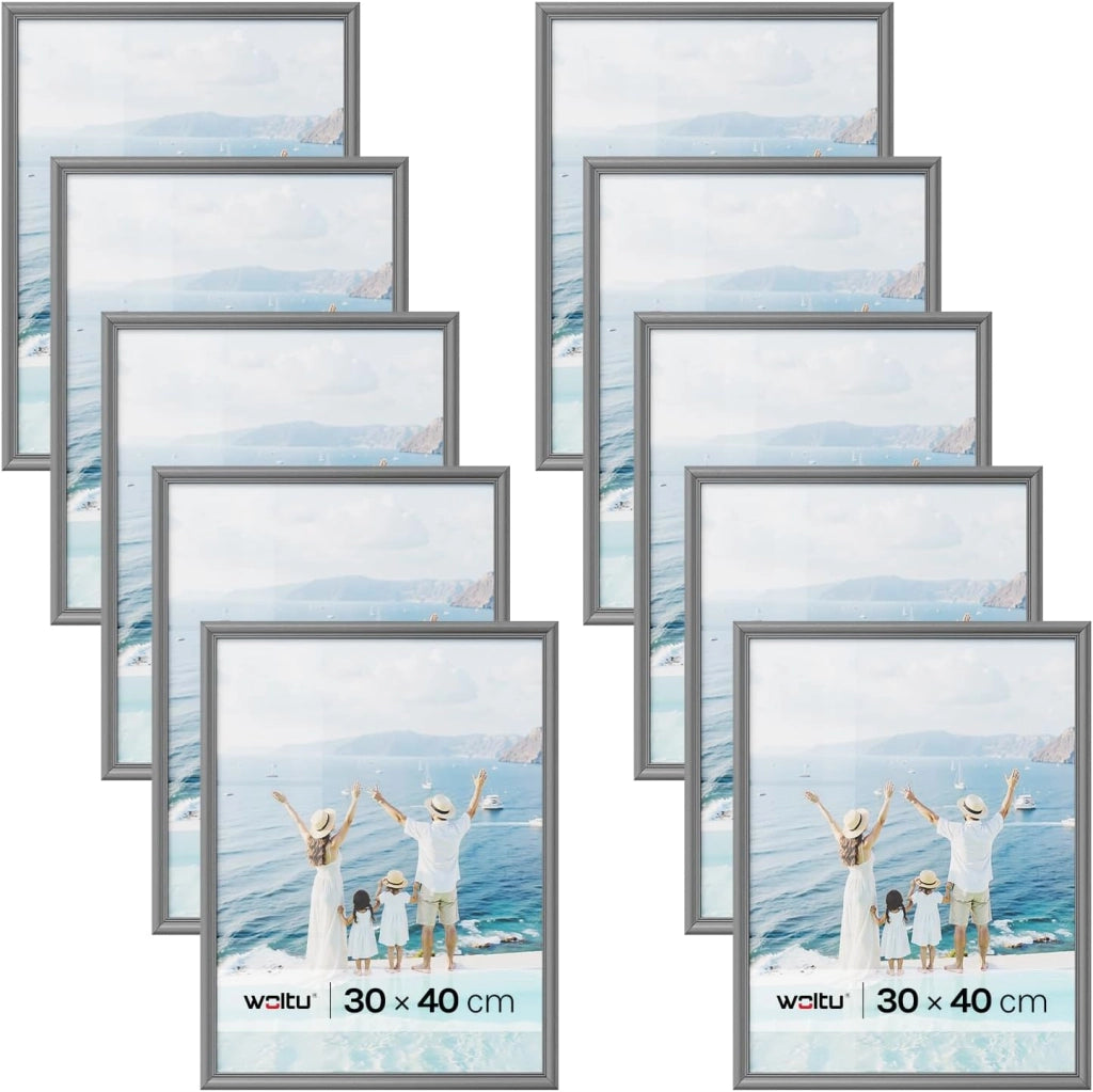 Cornice per Foto 30x40cm Set di 10 Cornice da Parete e Tavolo, Portafoto con Cornice in Legno Massello e Pannello in Plastica, Collage Foto, Grigio