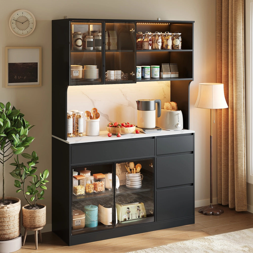 Credenza 120x40x180 cm in MDF nero e bianco con LED e ampio spazio