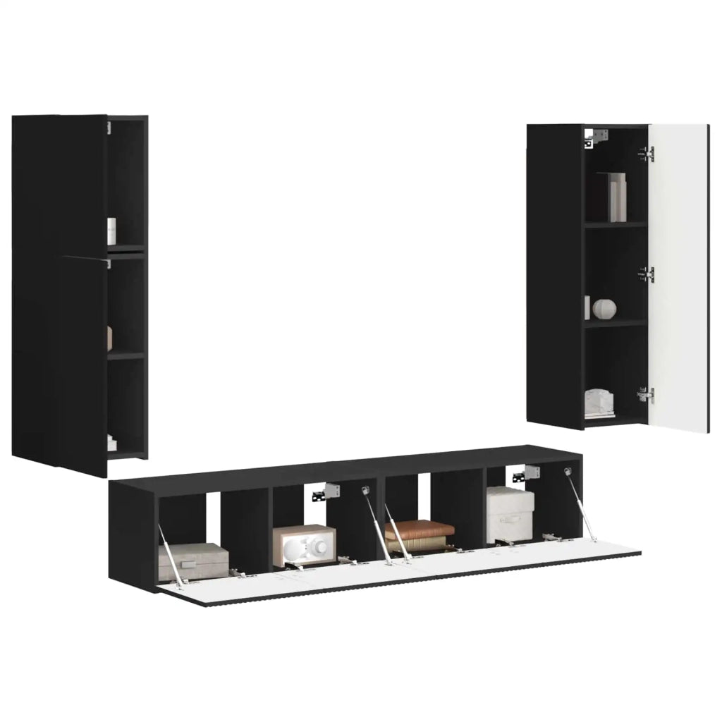 Set mobile TV Montaggio a parete 4 pcs Nero Legno multistrato