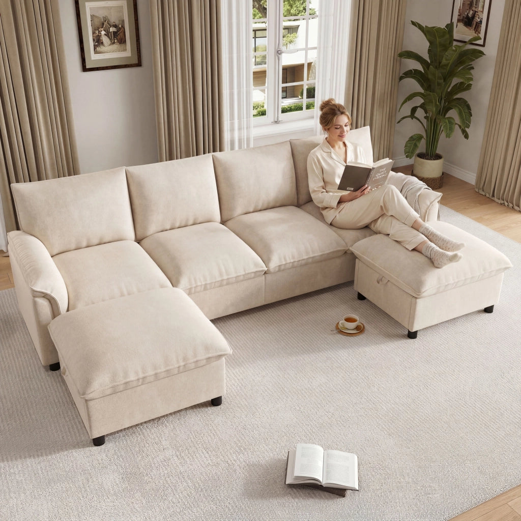 Divano modulare a U con 2 pouf contenitore e seduta profonda in ciniglia beige schienale alto 264,5 × 142,5 × 84 cm