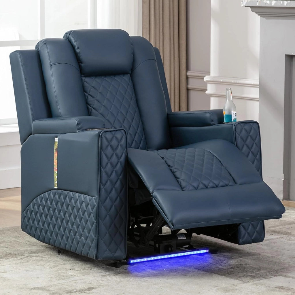 Poltrona Massaggiante Elettrica Illuminazione a LED Divano Telaio Home Theater Shake Divano Reclinabile Girevole con 2 Portabicchieri Blu