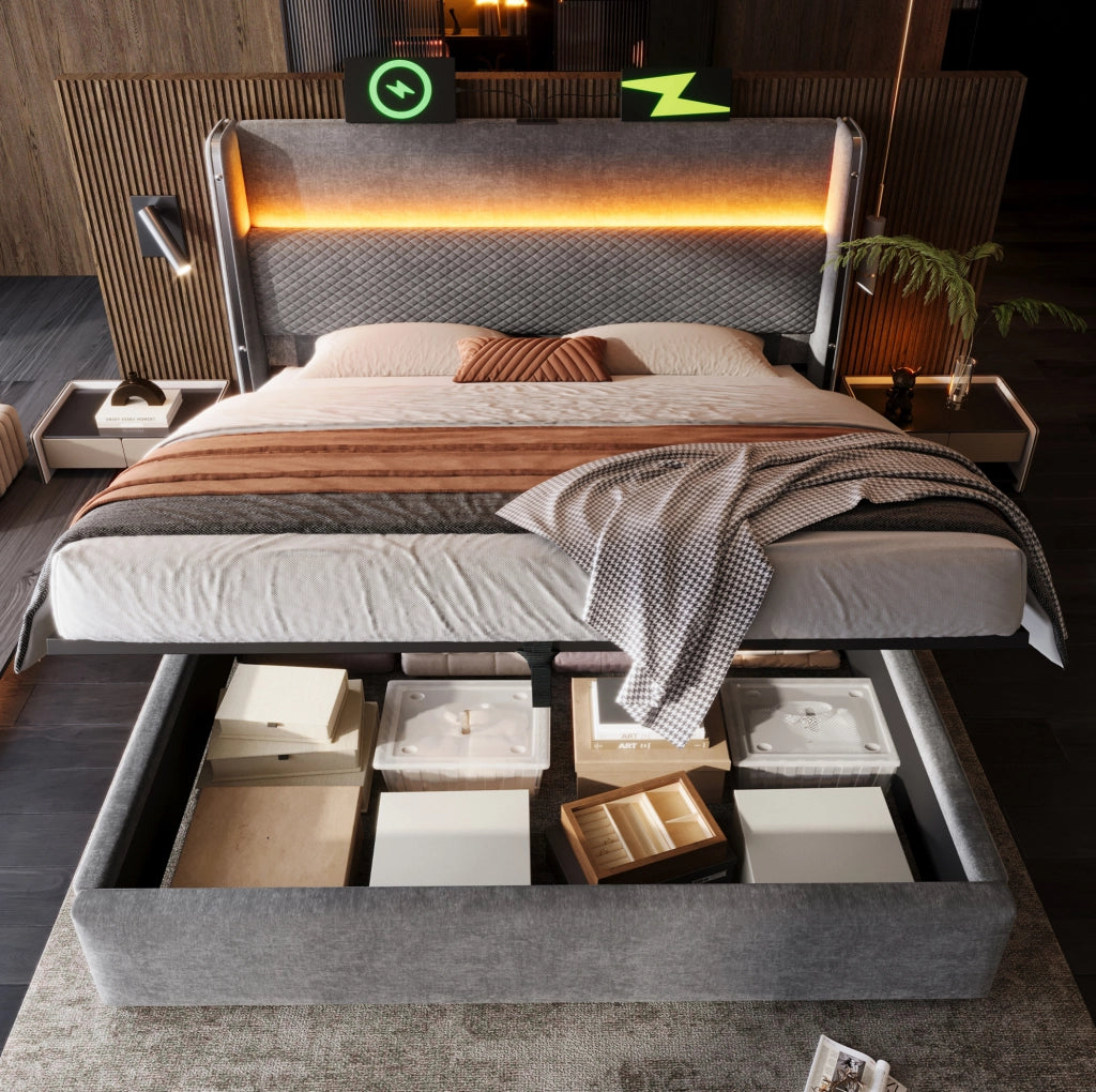 Letto con testiera alta, LED integrato, vano contenitore e porte USB/Type-C