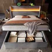 Letto con testiera alta, LED integrato, vano contenitore e porte USB/Type-C