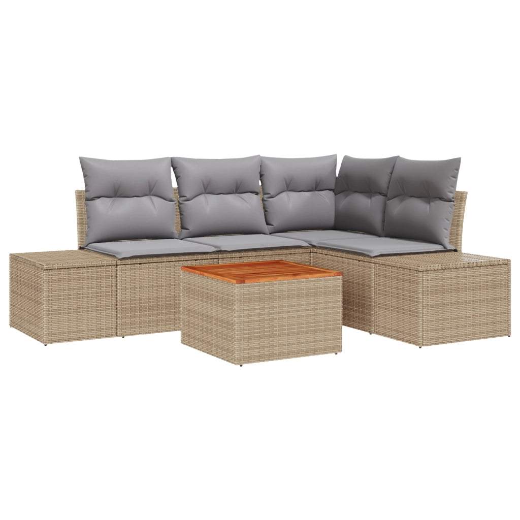 Set Divano Giardino 5 Pezzi con Cuscini Beige Polyrattan Acacia