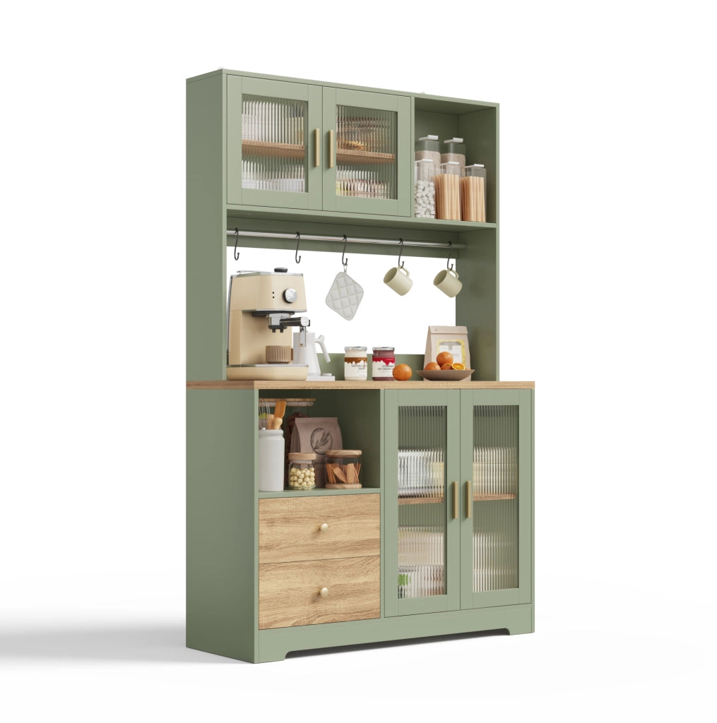 Credenza alta 110x40x178 cm con LED; prese USB; vetri temperati; MDF; verde antico