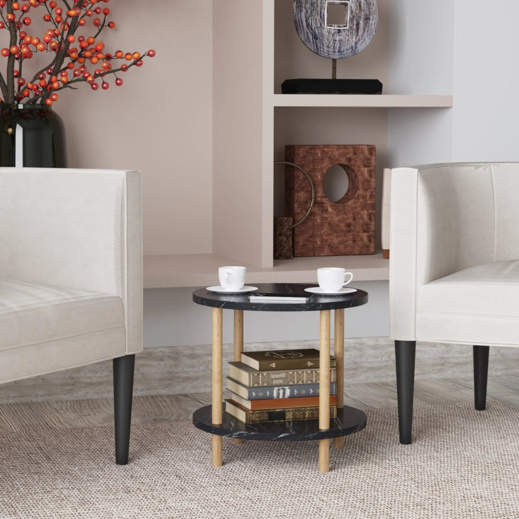 Tavolino Rotondo VES con 2 Piani di Appoggio 49xØ42 cm Effetto Marmo Nero [en.casa]