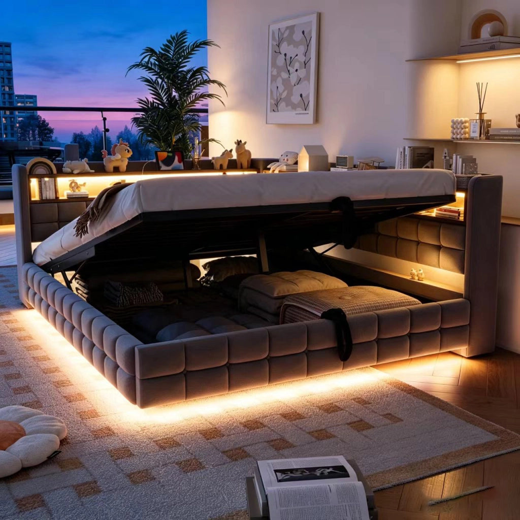 Letto Contenitore 140x200 cm; Letto Matrimoniale con USB; Type-C; LED e Mensole