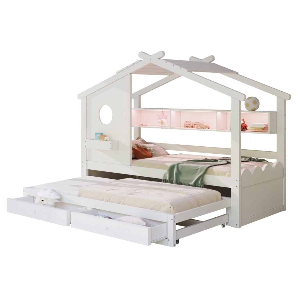 Letto Bambini con Letto Estraibile ¨C MINIMAL ¨C Bianco, LED, USB, Cassetti, 90x200