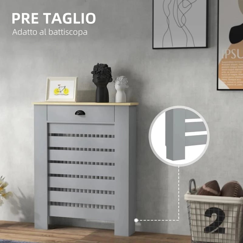COPRITERMOSIFONE IN MDF A DOGHE, COPRICALORIFERO A GRIGLIA CON CASSETTO, 78X19X95.5 CM, GRIGIO
