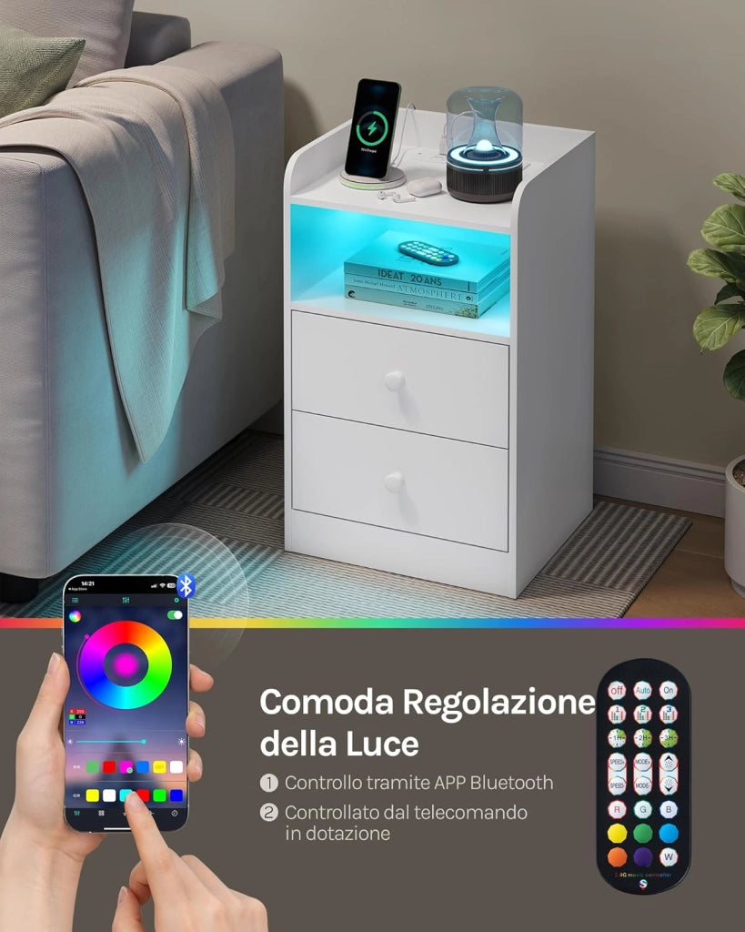 Set di 2 Comodino con Stazione di Ricarica, Prese, Porte USB, Tavolino con Luci LED Regolabile, Cassettiera con Cassetti e Scomparto, 40x35x64cm, per Camera da Letto, in Legno, Bianco NTS07ws-2