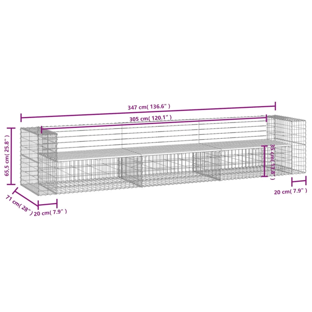 Panca Giardino Design Gabbione 347x71x65,5 cm Massello di Pino 3196254