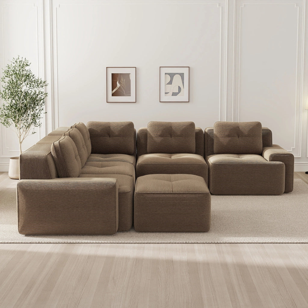 Divano angolare modulare senza struttura in velluto a coste marrone 295×295×69 cm