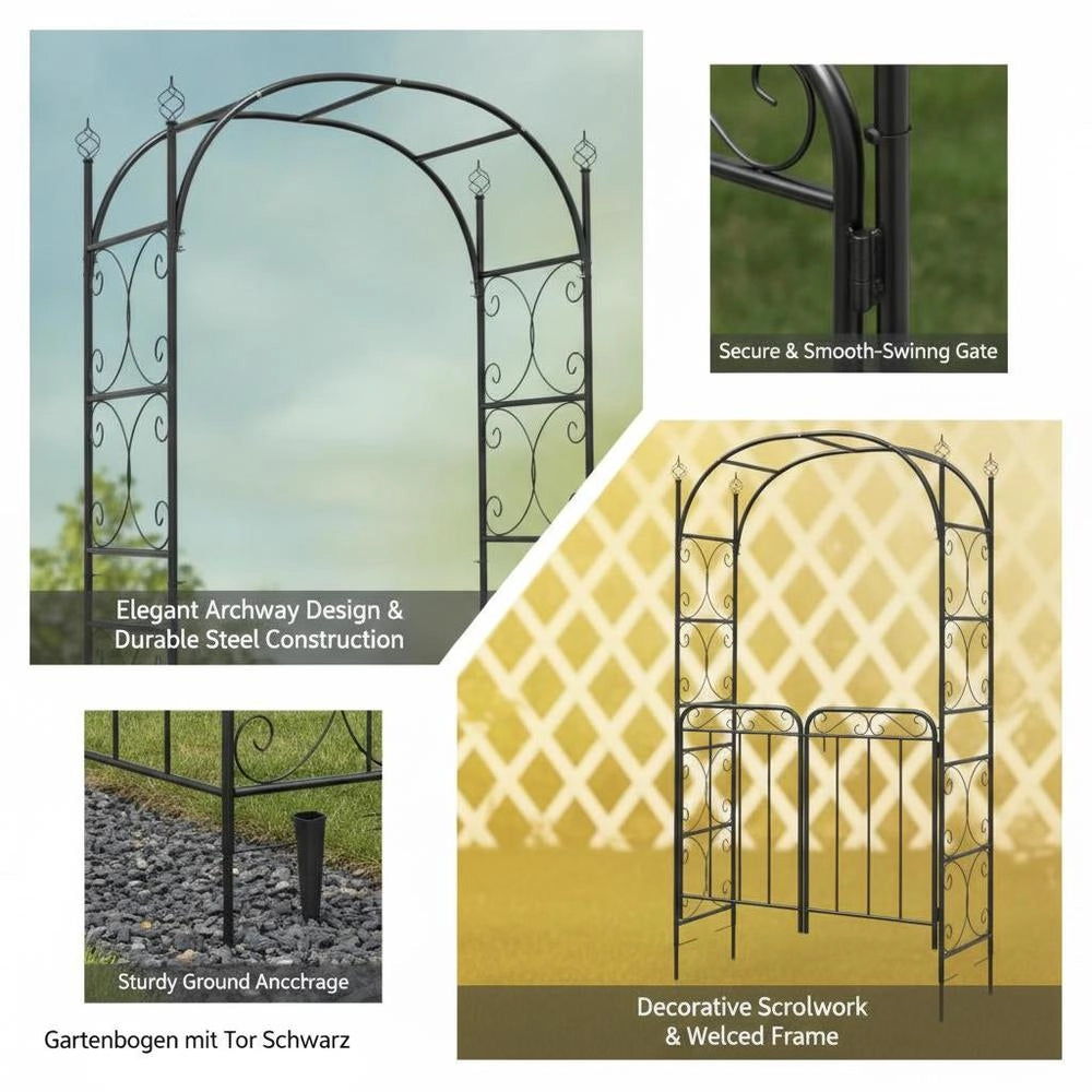 Garden Arch With Gate, Black, 108x45x235 Cm, Steel