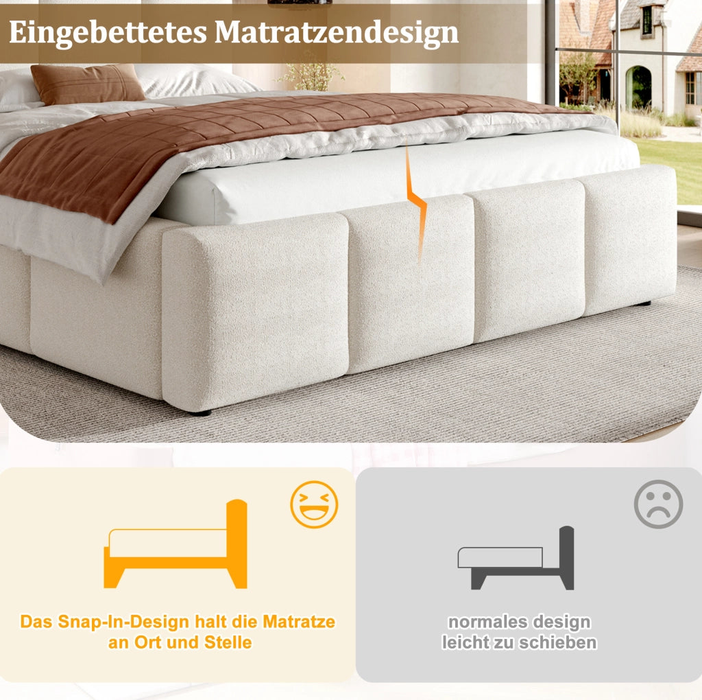 Letto matrimoniale imbottito 180 x 200 cm con rete a doghe e testata in tessuto bouclé beige