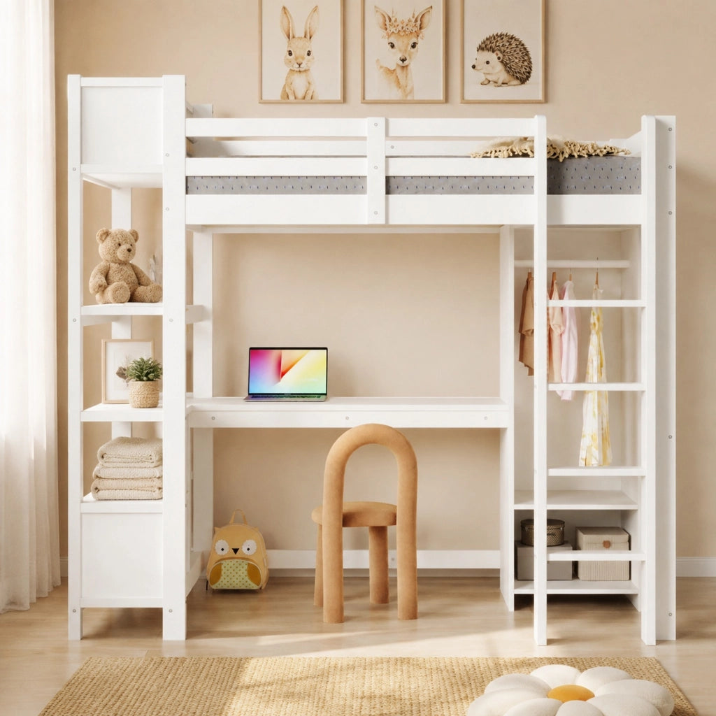 DESMIU Letto a soppalco 90 × 200 cm 1 piazza con scrivania, ripiani, armadio e vani, senza materasso, per bambino