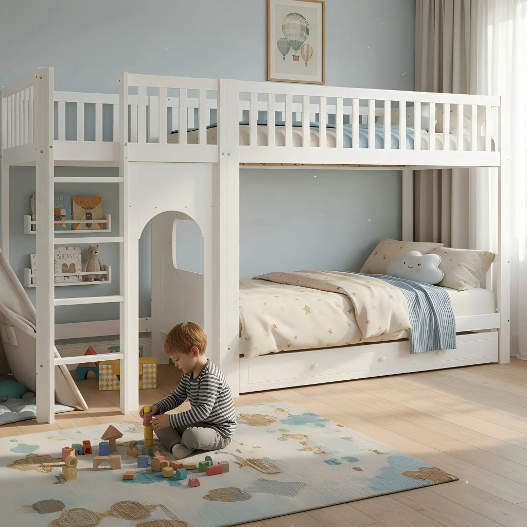 LETTO a castello 90x200 cm in legno massello e MDF bianco e naturale