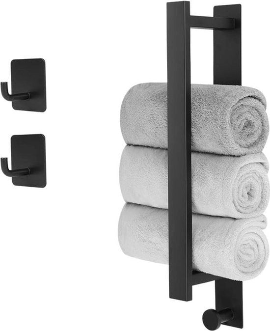 Supporto per asciugamano a muro con 2 ganci - Supporto per asciugamano in acciaio inossidabile nero - Supporto per asciugamano autoadesivo - Installazione verticale o orizzontale - 8 cm - Nuova versione - Larghezza 40 cm