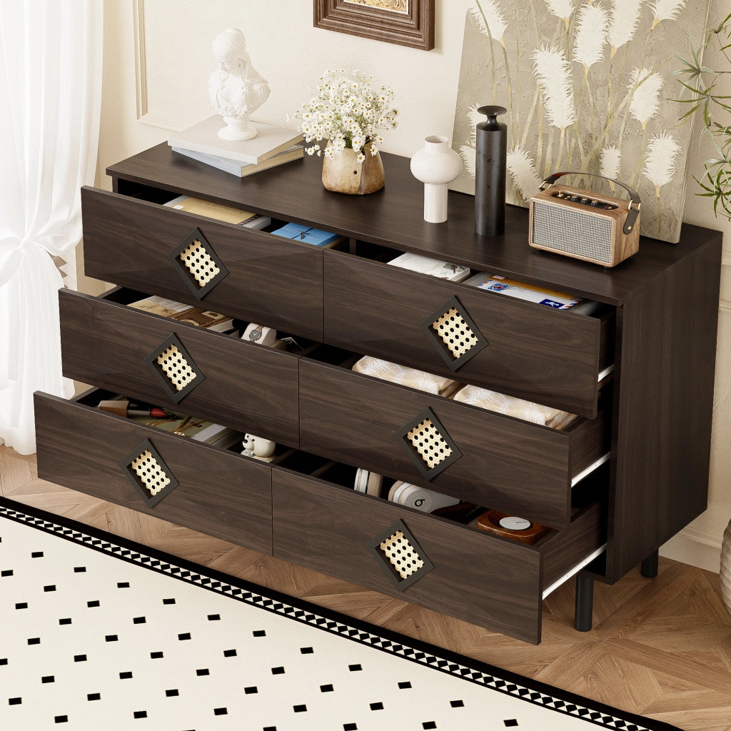 Tavolo trucco elegante con 6 cassetti - Zephmum- Maniglie in rattan, stabile e pratico
