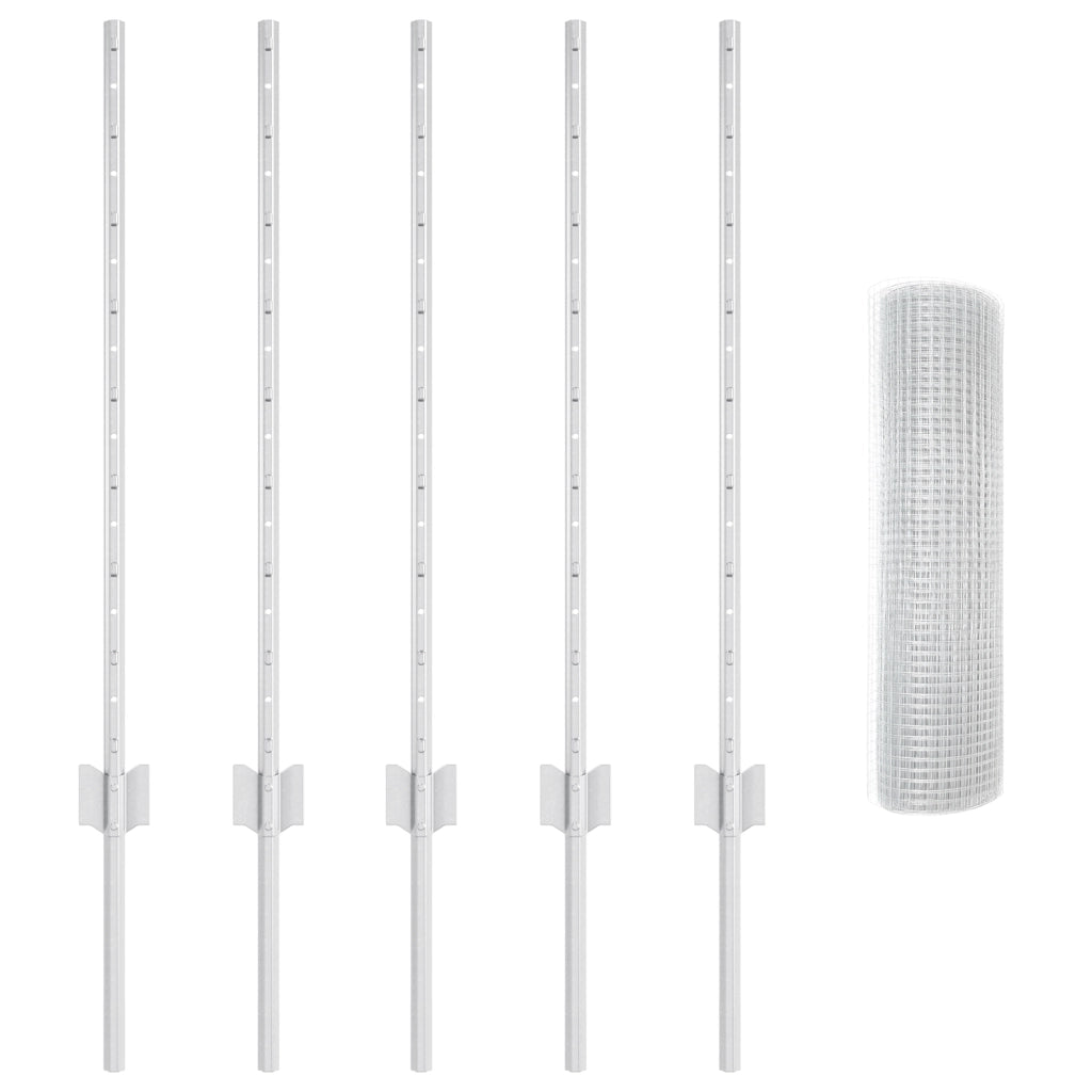 Recinzione in Filo Saldato con 5 Pali a U Argento 0.8x10 m Acciaio