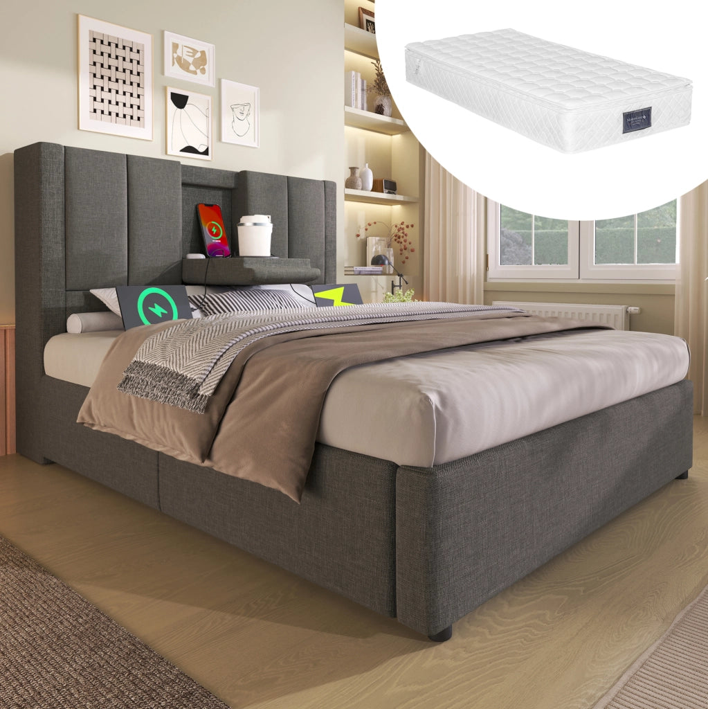 Letto singolo 90x200 cm con materasso, USB-C e vano contenitore