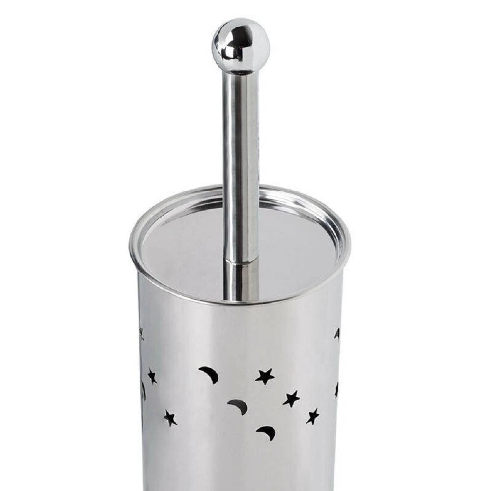 Trade Shop - Portascopino Cilindro Acciaio Bagno Spazzolone Wc Argento Con Stelle Lune 52666 -