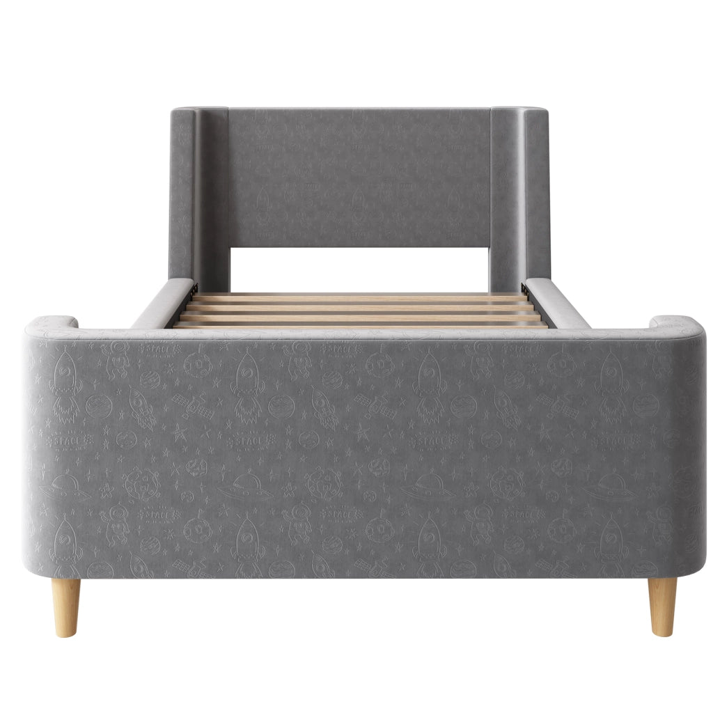 Letto Singolo 90 x 200 cm - Design a Slitta con Testiera Imbottita - in Velluto - Grigio
