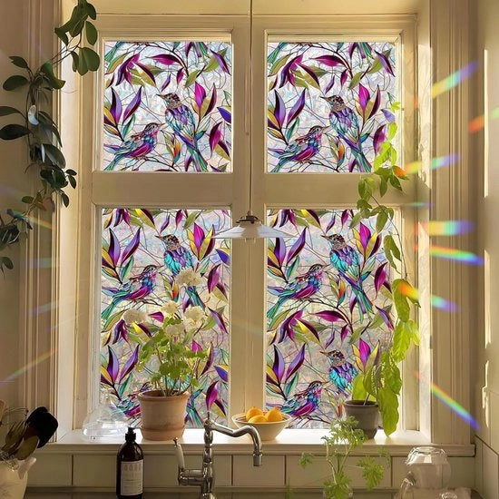 Decorazione per finestre con colibrì e foglie - Adesivo trasparente per finestre con uccelli e tema estivo - Sticker per finestre con protezione anticollassi e decorativo - Adesivo statico - Dimensioni 45 x 100 cm